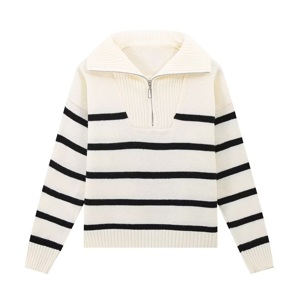 Striped Half-Zip Knitted Sweater – Classic Breton Style