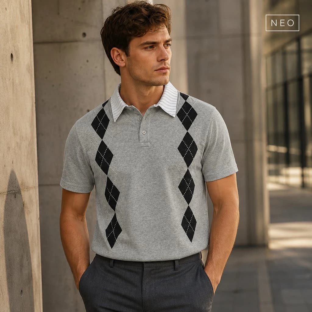Custom Short Sleeve Argyle Polo Shirt view 2