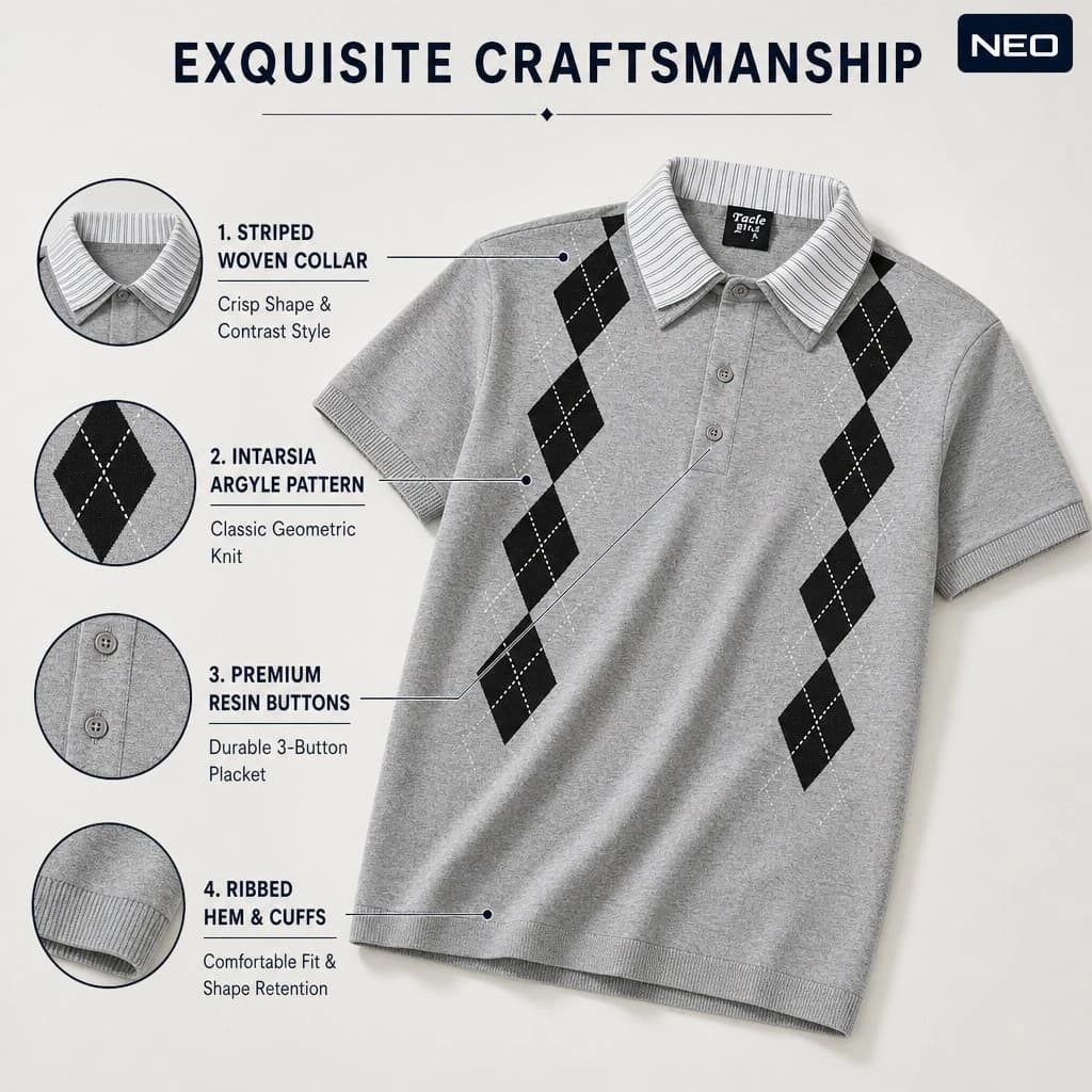Custom Short Sleeve Argyle Polo Shirt view 3