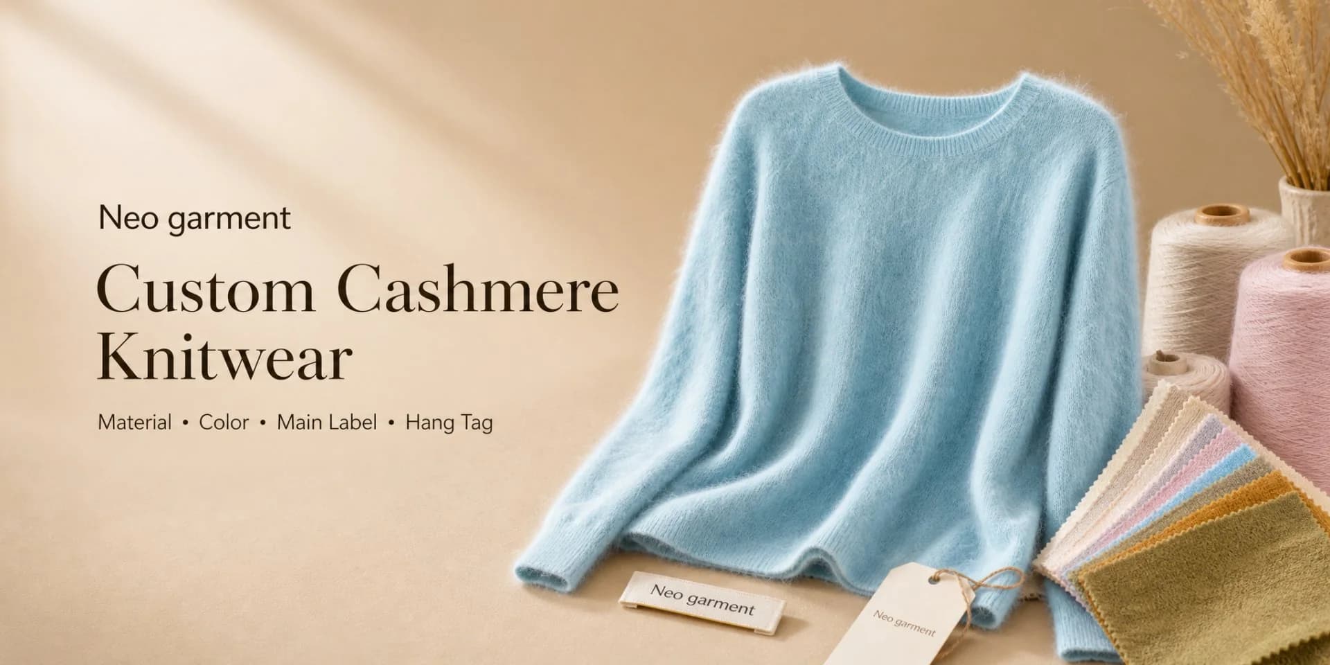 Custom cashmere knitwear — sky blue crew neck cashmere sweater with yarn cones and colour swatches, showing material, colour, main label and hang tag customisation