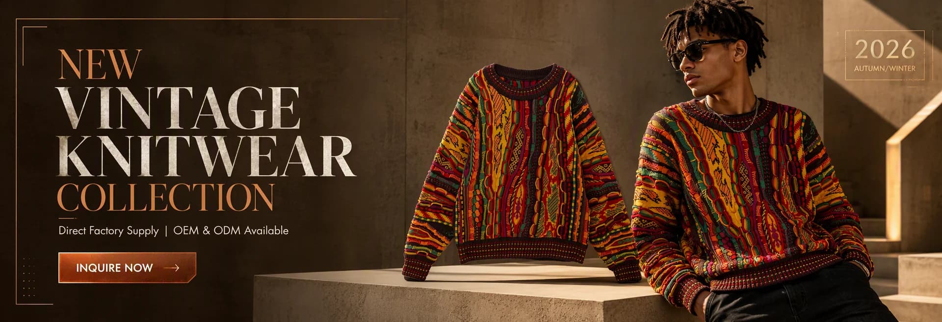 Retro multi-colour jacquard knit sweaters from the 2026 autumn/winter collection — direct factory supply, OEM and ODM custom knitwear manufacturing