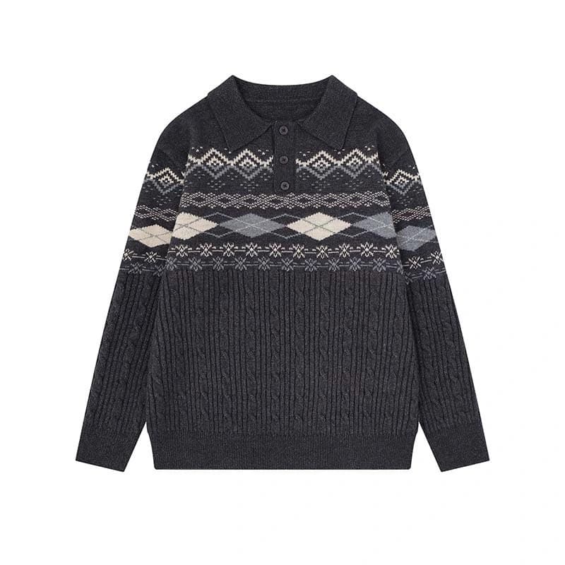 Custom Cable Knit Polo Sweater with Jacquard Yoke