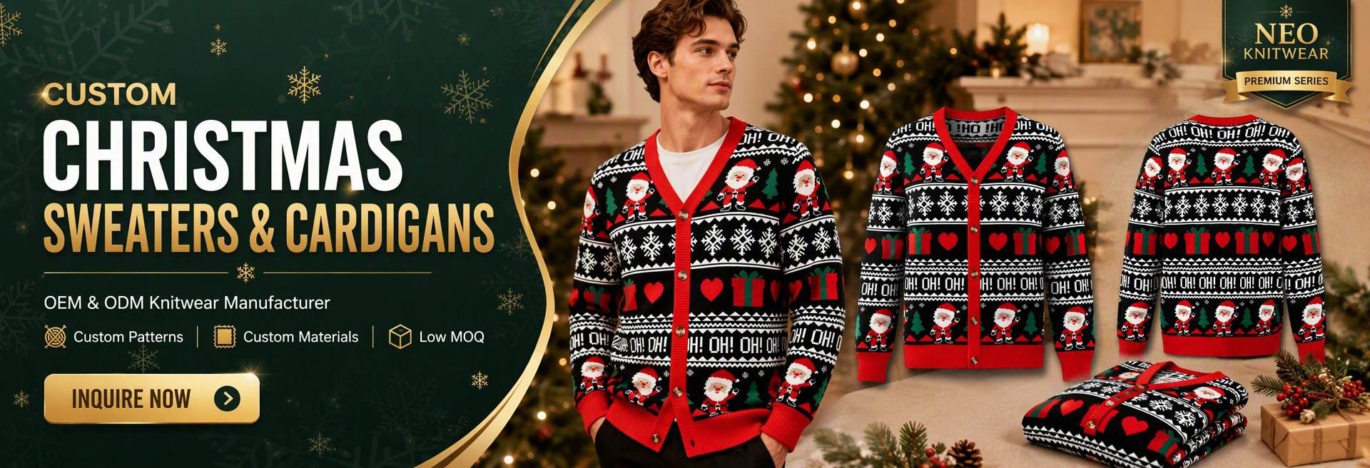 Custom Christmas sweaters and cardigans — Santa jacquard knit cardigan and sweater in red and black, OEM and ODM knitwear manufacturer, low MOQ