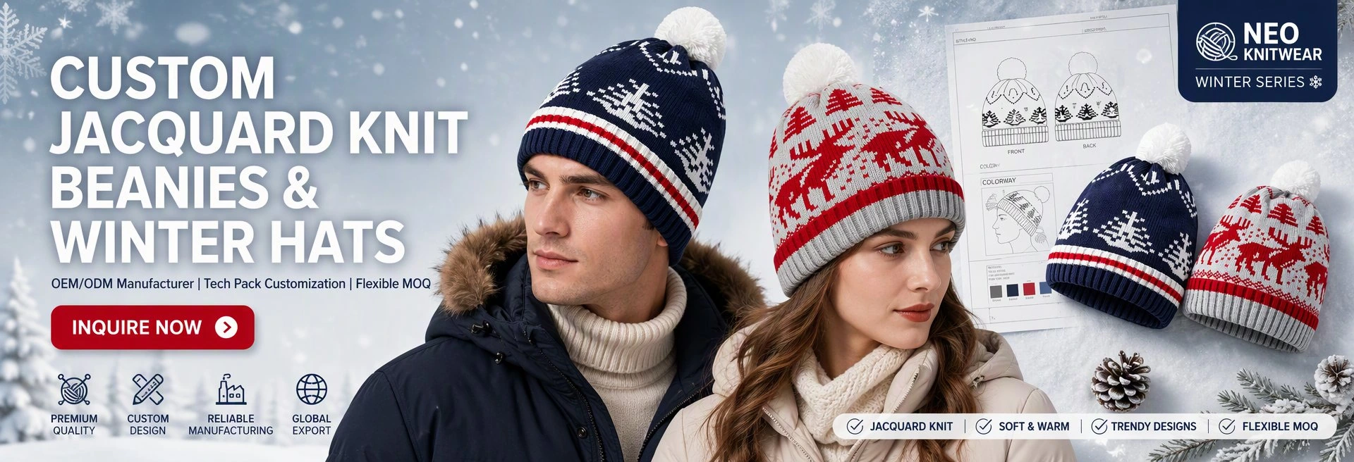 Custom jacquard knit beanies and winter hats — reindeer and snowflake pom-pom beanies with knit tech pack and colourway options, OEM and ODM manufacturer with flexible MOQ