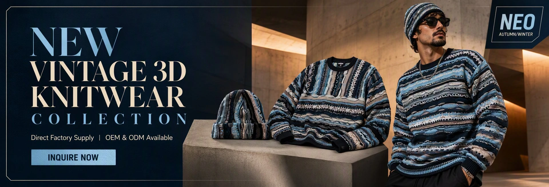 New Vintage 3D Knitwear Collection in blue and navy — custom three-dimensional textured jacquard knit sweater and beanie, direct factory OEM and ODM supply