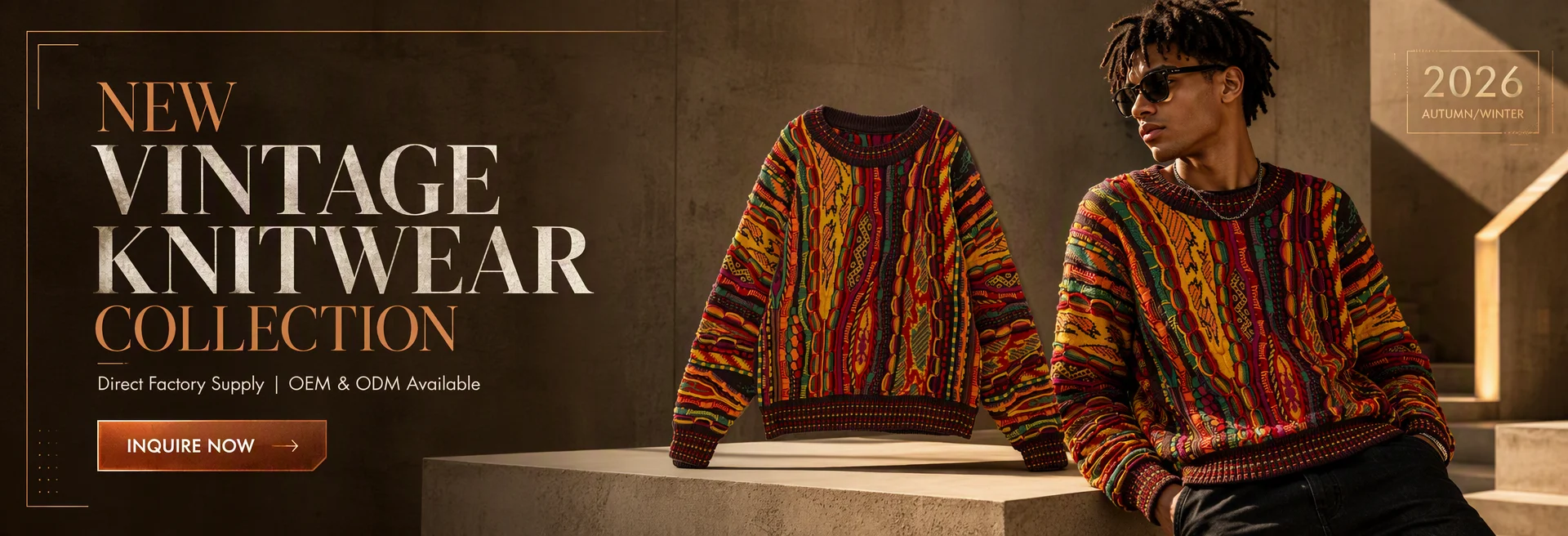 New Vintage Knitwear Collection 2026 Autumn/Winter — custom retro 3D multi-texture jacquard cable knit sweater, direct factory OEM and ODM