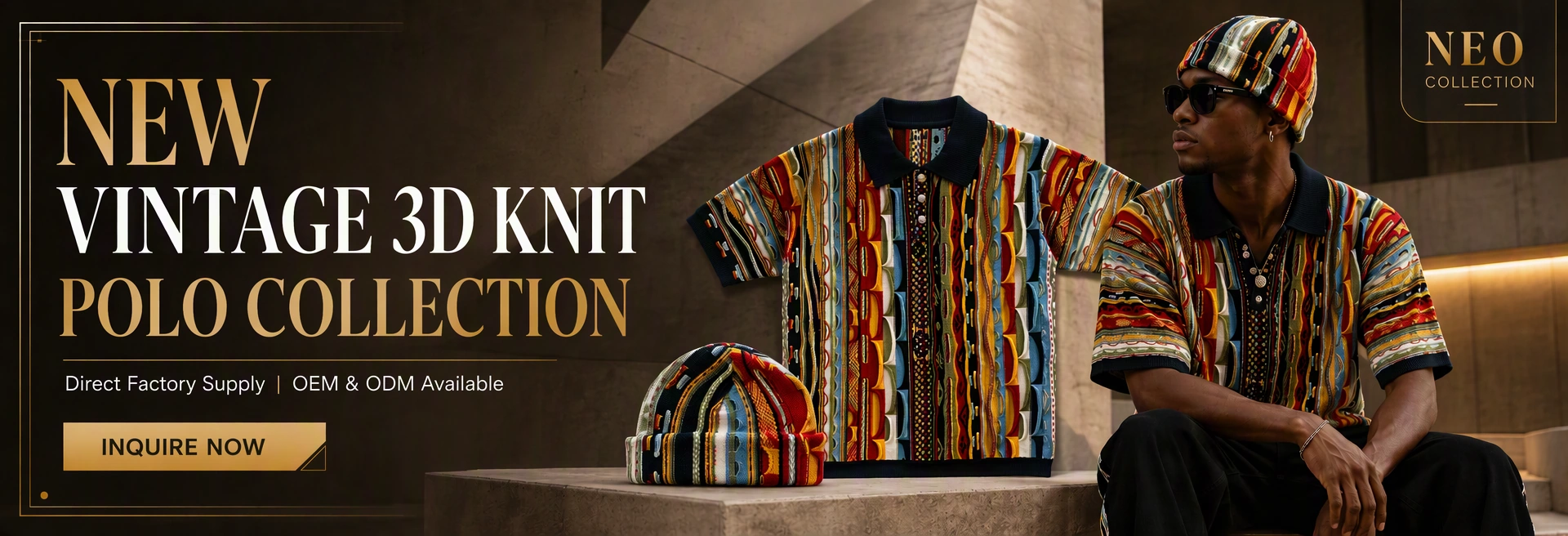 New Vintage 3D Knit Polo Collection — custom retro multi-texture jacquard knit polo and matching beanie, direct factory OEM and ODM