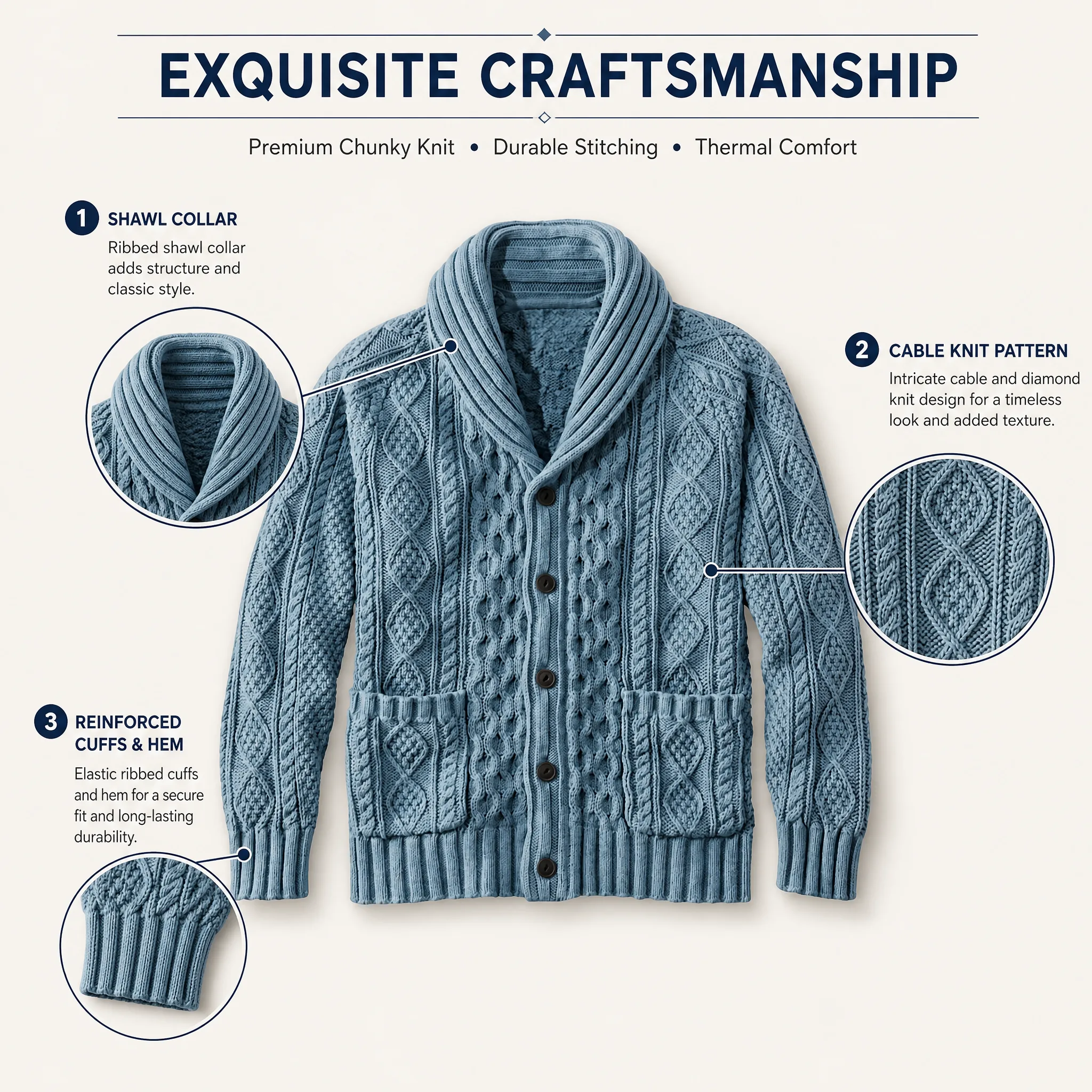 Custom Shawl Collar Cable Knit Cardigan view 2