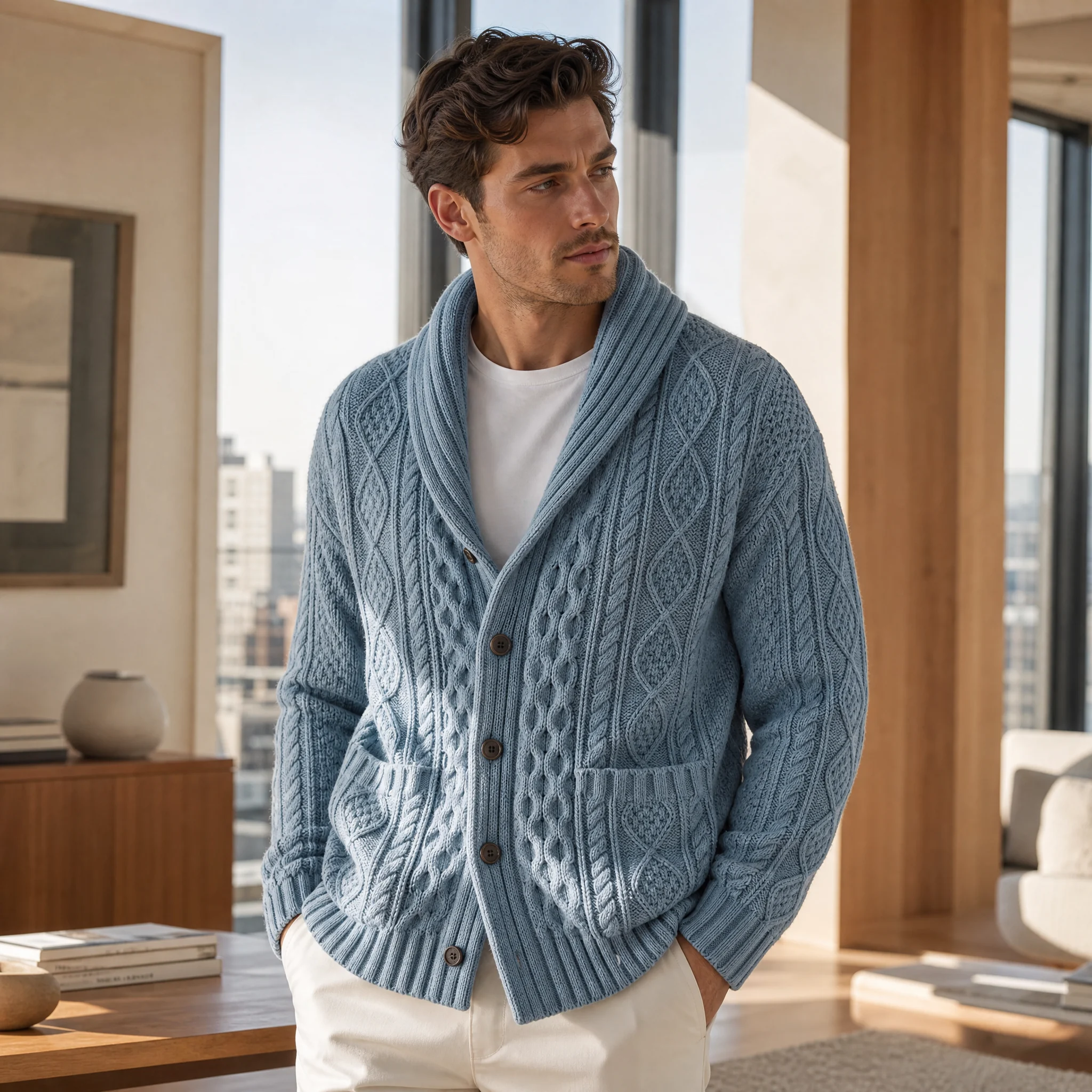 Custom Shawl Collar Cable Knit Cardigan view 3