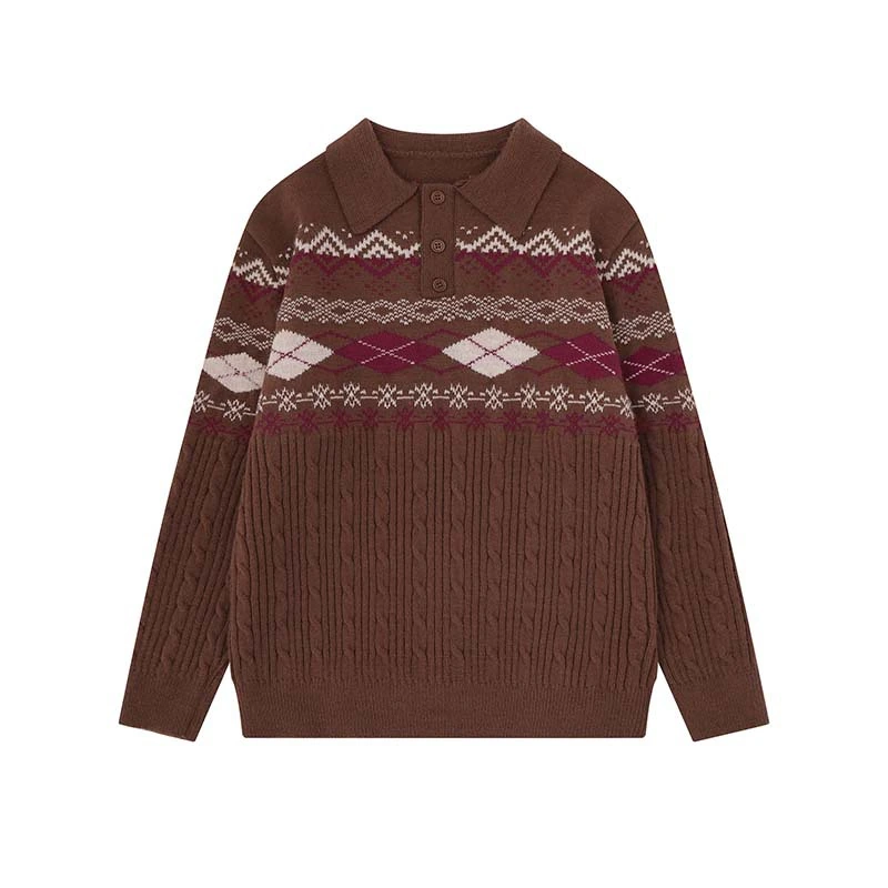 Custom Cable Knit Polo Sweater with Jacquard Yoke view 2