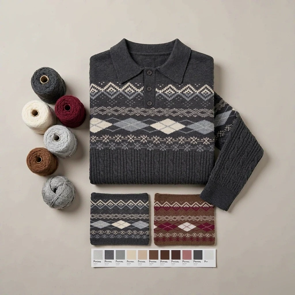 Custom Cable Knit Polo Sweater with Jacquard Yoke view 4