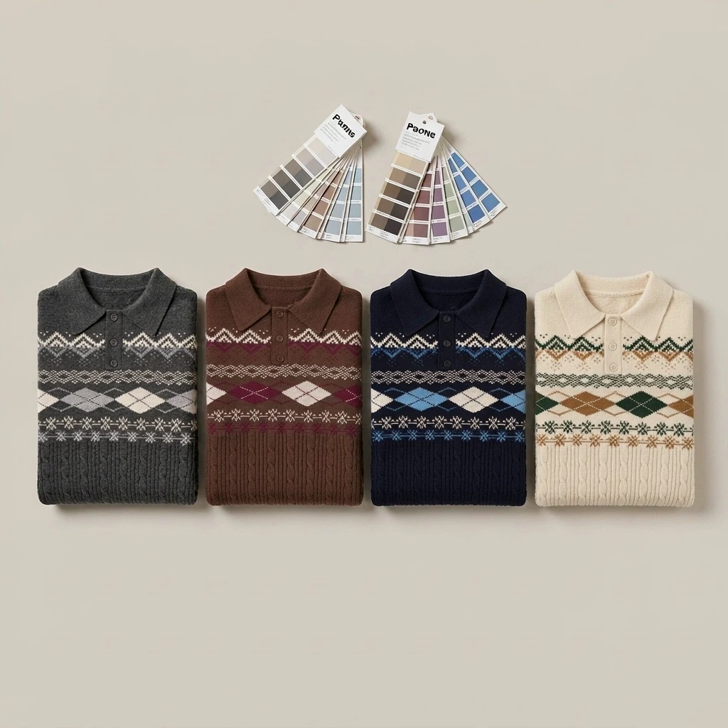Custom Cable Knit Polo Sweater with Jacquard Yoke view 5