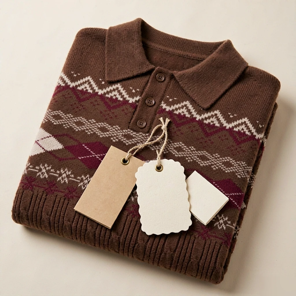 Custom Cable Knit Polo Sweater with Jacquard Yoke view 6