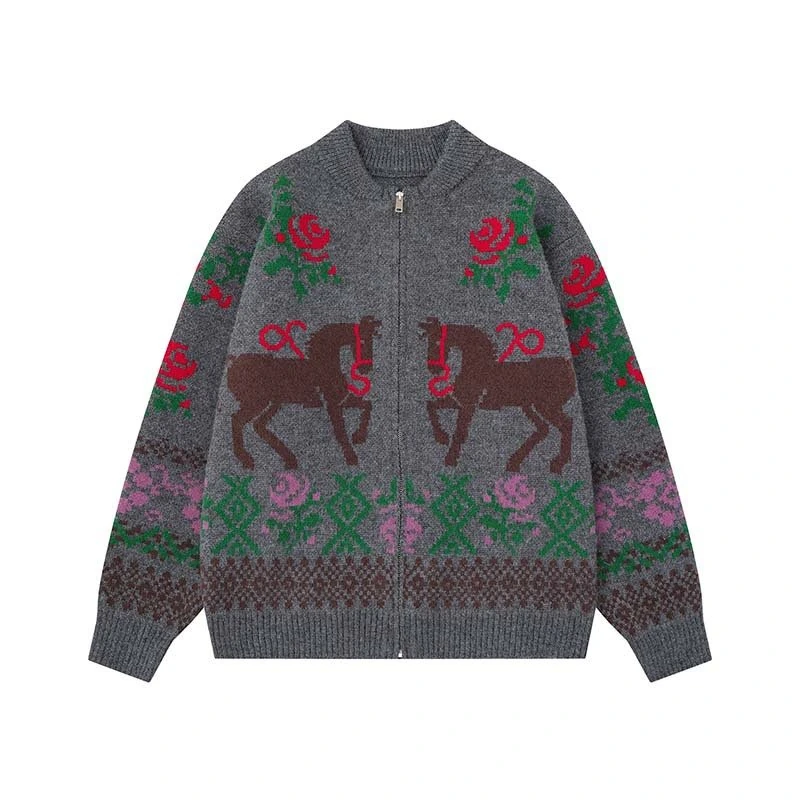 Custom Horse & Rose Jacquard Zip Cardigan