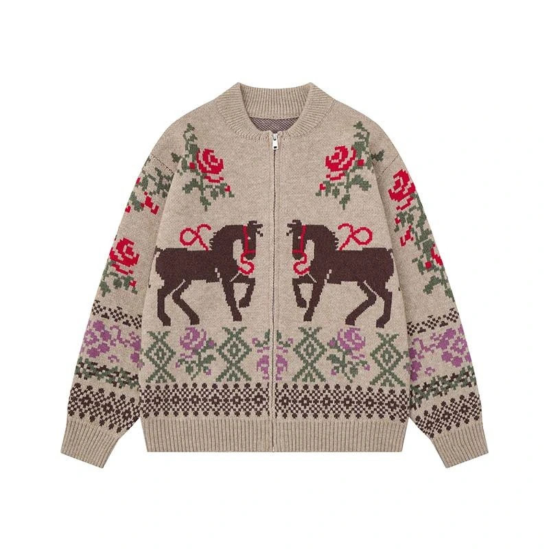 Custom Horse & Rose Jacquard Zip Cardigan view 2