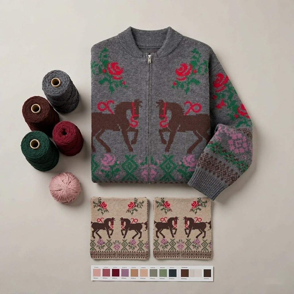 Custom Horse & Rose Jacquard Zip Cardigan view 3