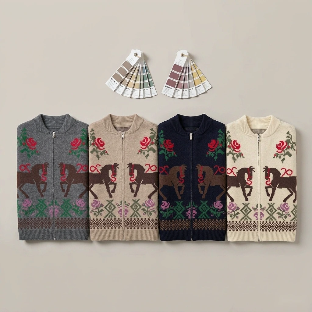 Custom Horse & Rose Jacquard Zip Cardigan view 4