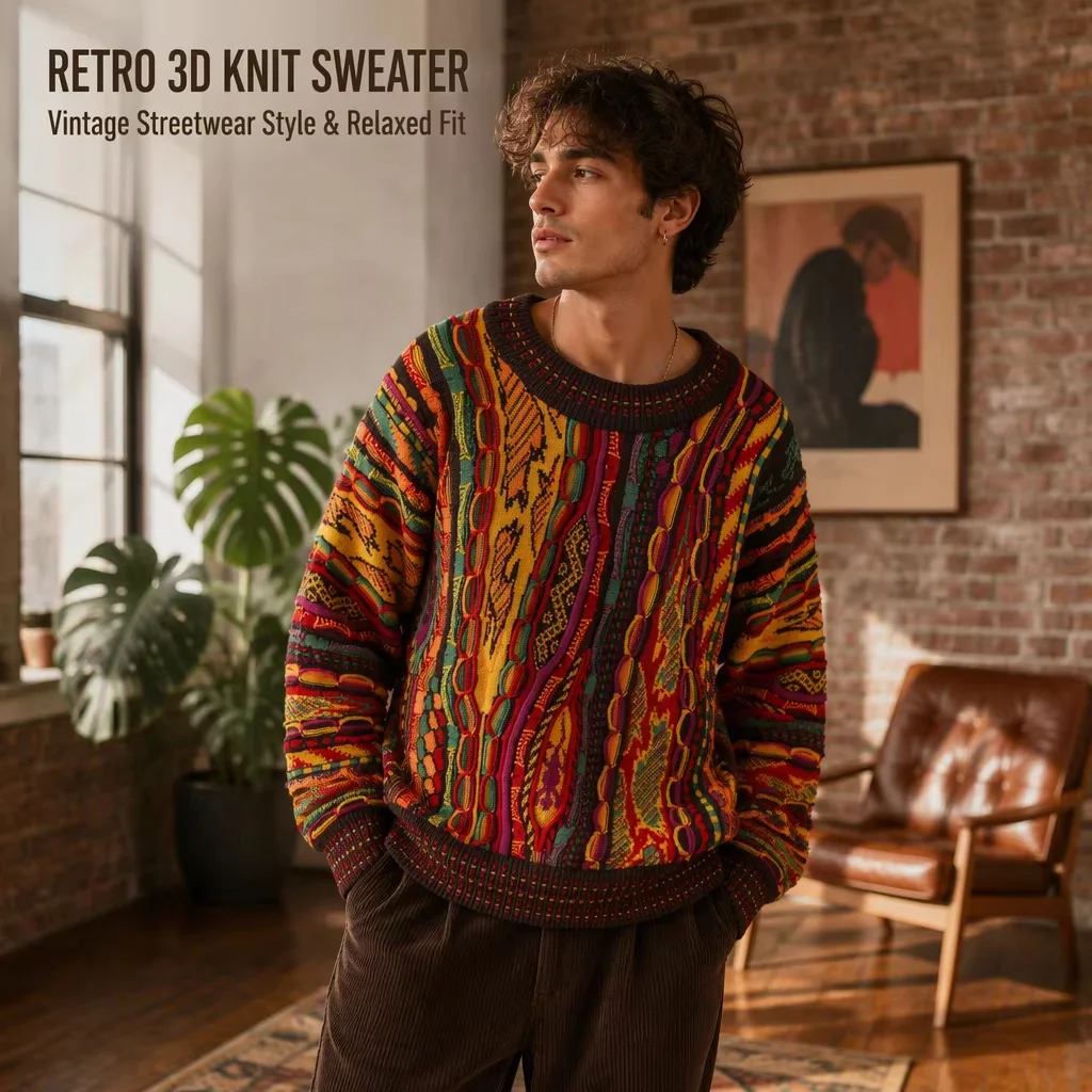 Custom Retro 3D Multi-Texture Knit Sweater view 2