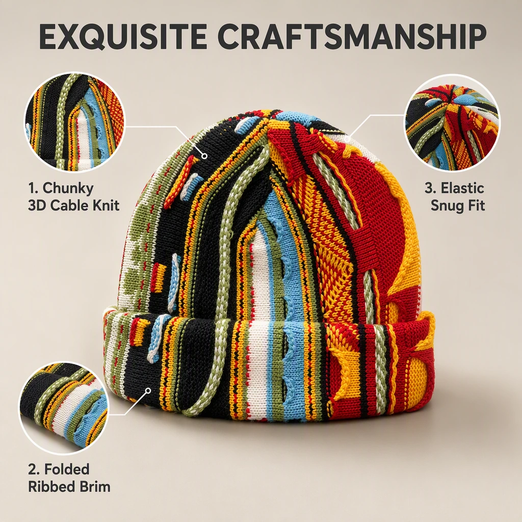 Vintage 3D Multi-Texture Knit Beanie view 2